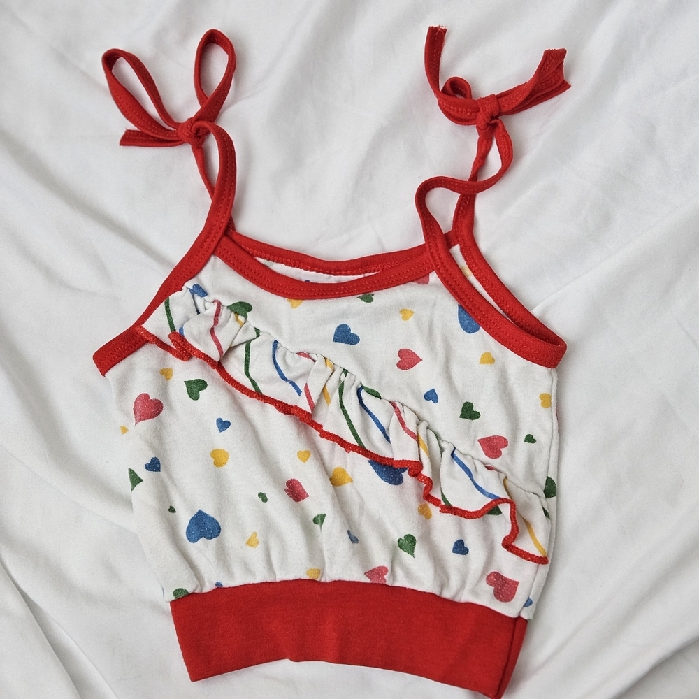 Vintage Bragabouts Kids Top Size 6 Heart Print Ruffle Red Tie Strap USA Made 90s